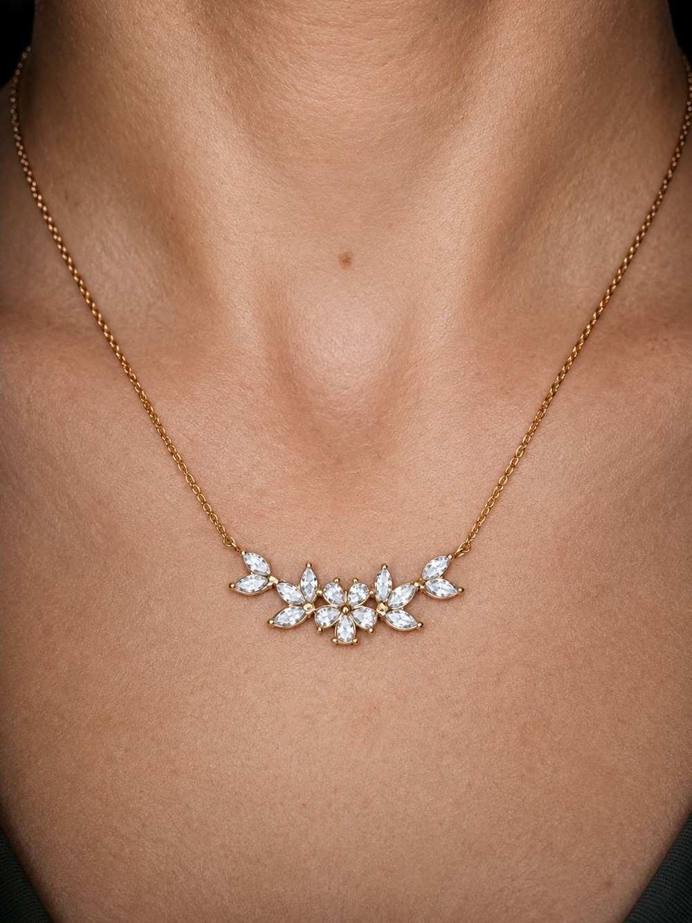 Gold Floral Crystal Cluster Necklace